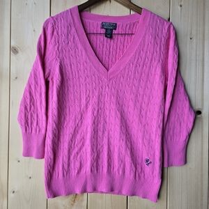 Ralph Lauren Polo Cable Knit V Neck Pink Sweater Womens Large